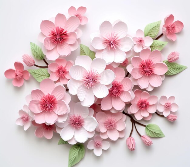 Grono kwiatów wiśni w stylu papierowych kwiatów 3D pastelowe kolory retro białe tło Generatywna sztuczna inteligencja