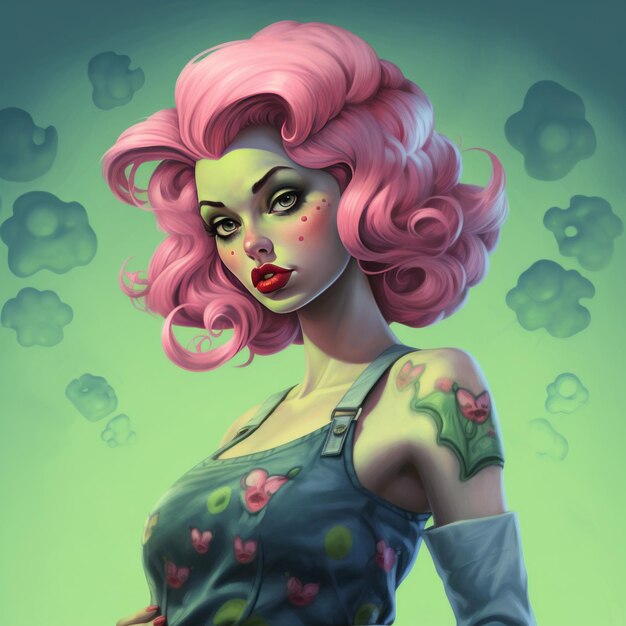 Groovy Ghoul Gal Retro 50s Cartoon Zombie PinUp z zieloną skórą i różowymi włosami