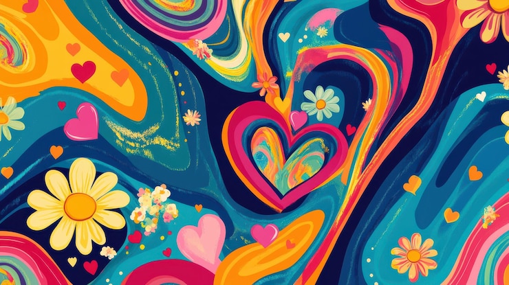 Zdjęcie groovy hippie z lat siedemdziesiątych fale wirujące wzór wirujący z kwiatem margaretki serca skręcona i zniekształcona tekstura wektorowa w modnym stylu retro psychedelicznym
