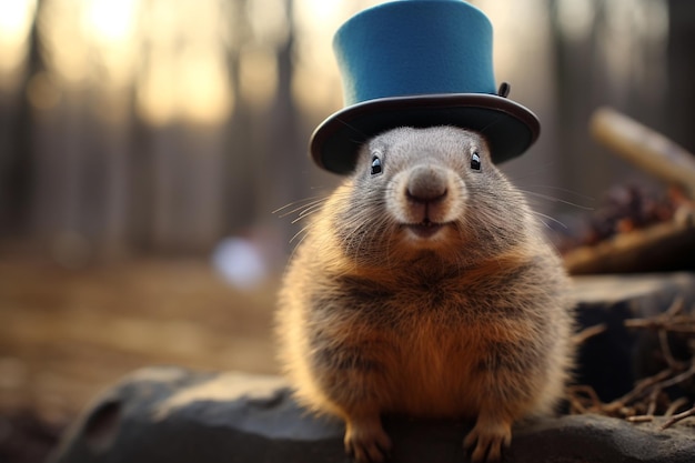 Groundhog Day 2 lutego Punxsutawney Phil kapelusz szczęśliwy i uśmiechnięty folklor przesąd prognoza pogody symbol oczekiwania na zmianę pór roku baner kartka powitalna przestrzeń kopiowania