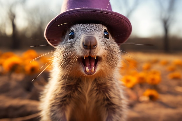 Groundhog Day 2 lutego Punxsutawney Phil kapelusz szczęśliwy i uśmiechnięty folklor przesąd prognoza pogody symbol oczekiwania na zmianę pór roku baner kartka powitalna przestrzeń kopiowania