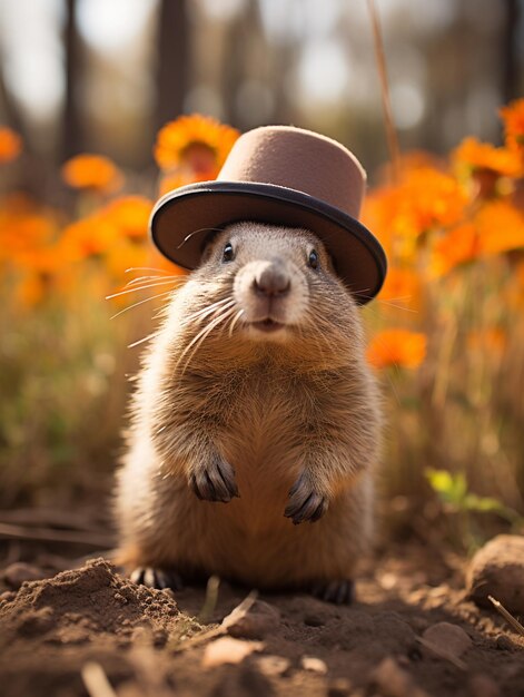 Groundhog Day 2 lutego Punxsutawney Phil kapelusz szczęśliwy i uśmiechnięty folklor przesąd prognoza pogody symbol oczekiwania na zmianę pór roku baner kartka powitalna przestrzeń kopiowania