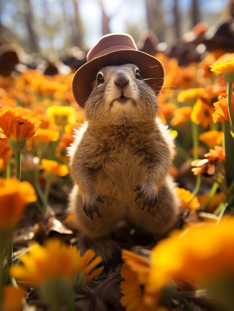 Groundhog Day 2 lutego Punxsutawney Phil kapelusz szczęśliwy i uśmiechnięty folklor przesąd prognoza pogody symbol oczekiwania na zmianę pór roku baner kartka powitalna przestrzeń kopiowania