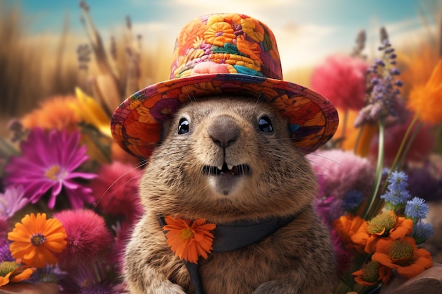 Groundhog Day 2 lutego Punxsutawney Phil kapelusz szczęśliwy i uśmiechnięty folklor przesąd prognoza pogody symbol oczekiwania na zmianę pór roku baner kartka powitalna przestrzeń kopiowania