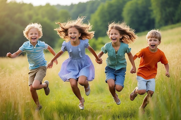 Zdjęcie group of happy kids jumping on summer meadow