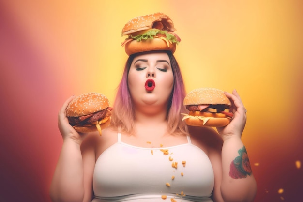 Zdjęcie gruba kobieta burger osoba o grubym ciele je fastfood wygeneruj ai