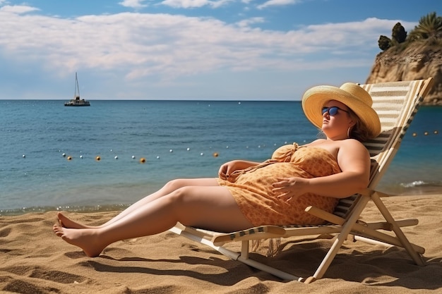 Gruba kobieta cieszy się wakacjami, siedząc i relaksując się na plaży W tle plaża i morze