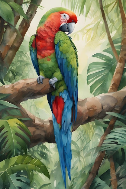 Grube płótno w stylu malarstwa impastowego, papuga, żywe kolory leśnego tła