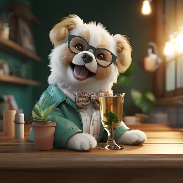 Gruby pies w okrągłych okularach i kurtce do picia