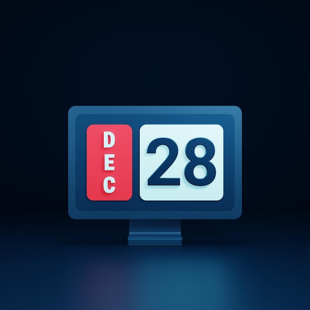 Grudniowa ikona kalendarza ilustracja 3D z datą monitora pulpitu 28 grudnia