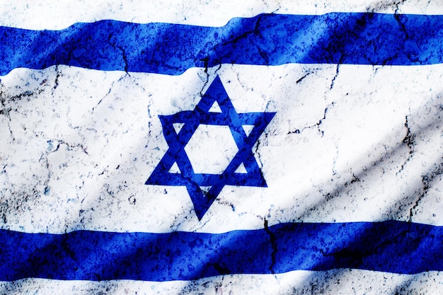 Grungy flaga Izraela flaga Izraela pięknie machająca falą z gwiazdą Dawida na starej ścianie tekstura dla projektu tła Dzień Niepodległości Narodowa duma Izraela Patriotyzm i Wspólnota Górny widok