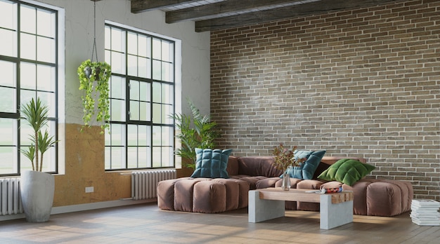 Grungy wnętrze z ceglaną ścianą i wygodną sofą w stylu industrialnym renderowania 3d