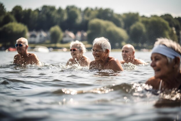 Grupa aktywnych seniorów pływających w wodzie jeziora