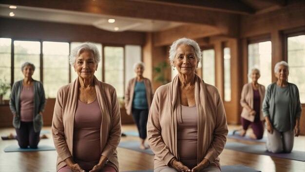 Grupa aktywnych starszych kobiet wykonuje razem jogę.