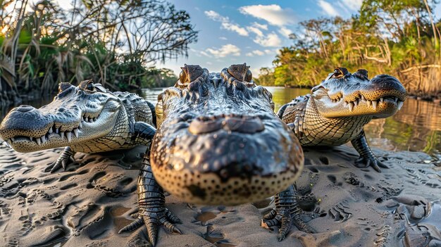 Grupa aligatorów wystawiające swoje groźne szczęki podczas opalania się na słońcu
