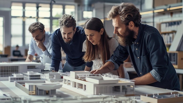 Zdjęcie grupa architektów dyskutuje o projekcie w biurze. patrzą na model budynku. kobieta uśmiecha się i wskazuje na model.