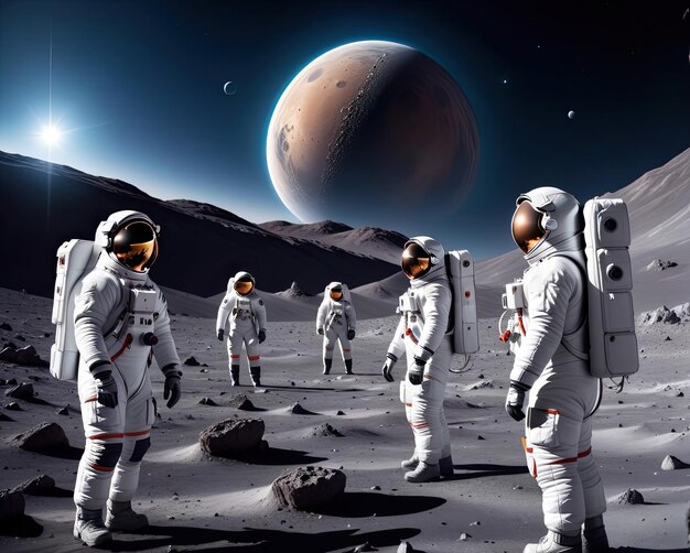 Grupa astronautów stoi w kosmosie. Jeden z nich ma na sobie garnitur kosmiczny.