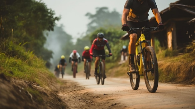 Grupa azjatyckich rowerzystów jeździ rowerem po wiejskich i leśnych drogach