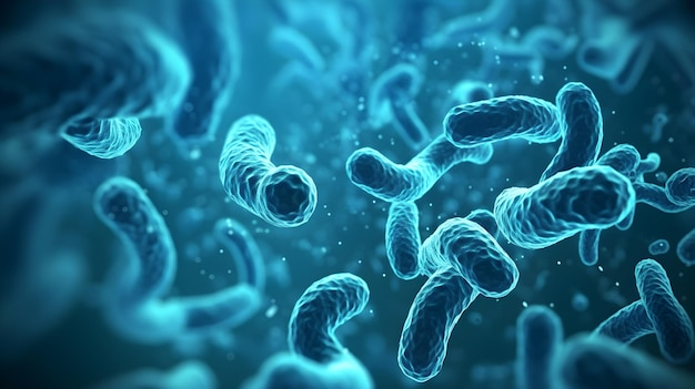 Grupa bakterii pokrytych niebieskim płynem.