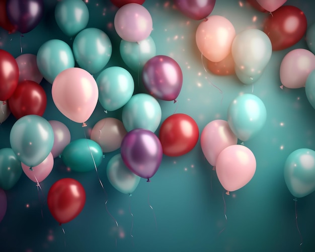 Grupa balonów z różowymi, fioletowymi i niebieskimi balonami unoszącymi się w powietrzu.