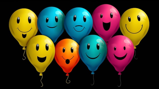 Grupa balonów z uśmiechniętymi buźkami na czarnym tle
