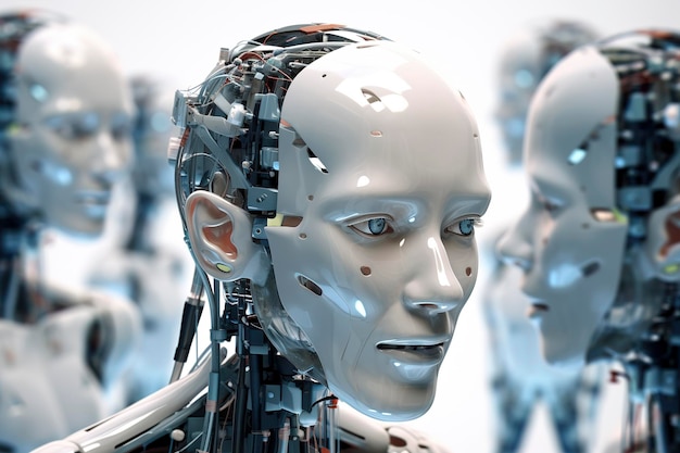 Grupa białych błyszczących robotów sztucznej inteligencji