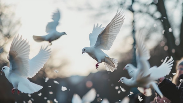 Grupa białych ptaków latających nad lasem Spokojna scena natury w ruchu Dzień Pamięci