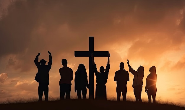 Grupa chrześcijan podnosi ręce, czci Boga Jezusa Chrystusa, razem generują sztuczną inteligencję.