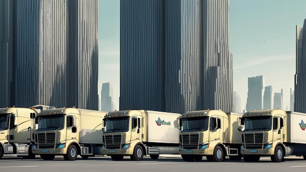 Zdjęcie grupa ciężarówek zaparkowanych w rzędzie przed futurystycznym miastem