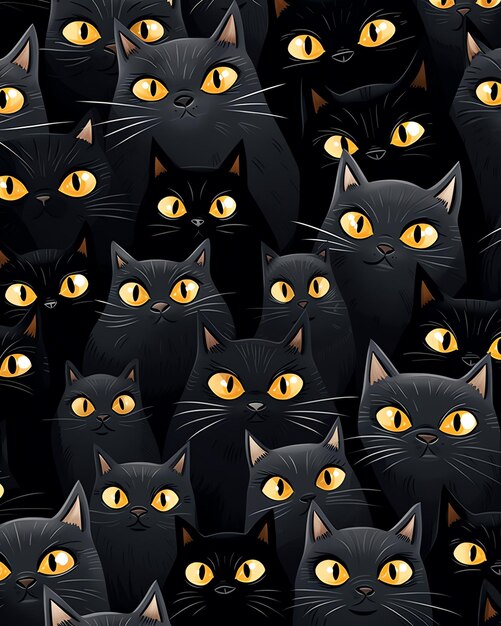 Zdjęcie grupa czarnych kotów z żółtymi oczami
