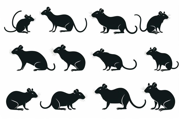 Zdjęcie grupa czarnych sylwetek szczurów na białym tle