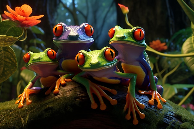 Grupa czarujących żab drzewnych o czerwonych oczach w kolorze vibran 00245 01