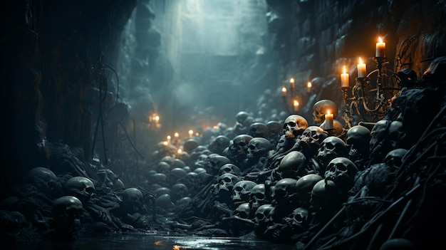 Grupa czaszek w ciemnym tle horroru jaskini
