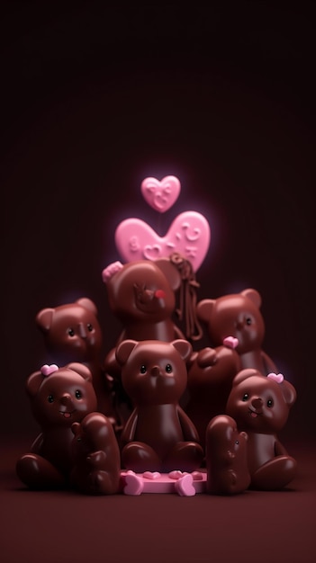 Grupa czekoladowych misiów z różowymi sercami