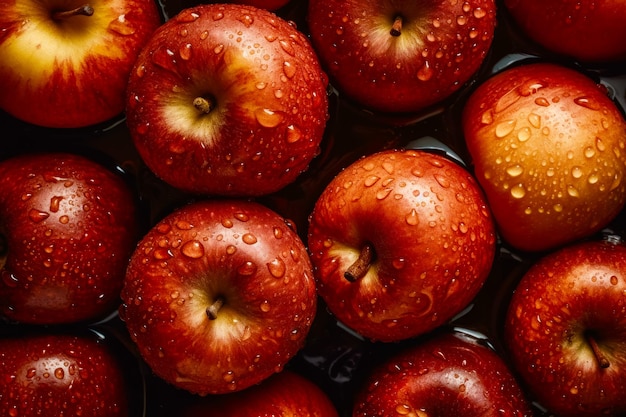 Grupa czerwonych jabłek siedzących na stole pokrytym wodą Generacyjna sztuczna inteligencja