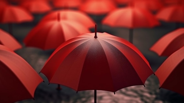Grupa czerwonych parasoli stoi w ciemnym pokoju.