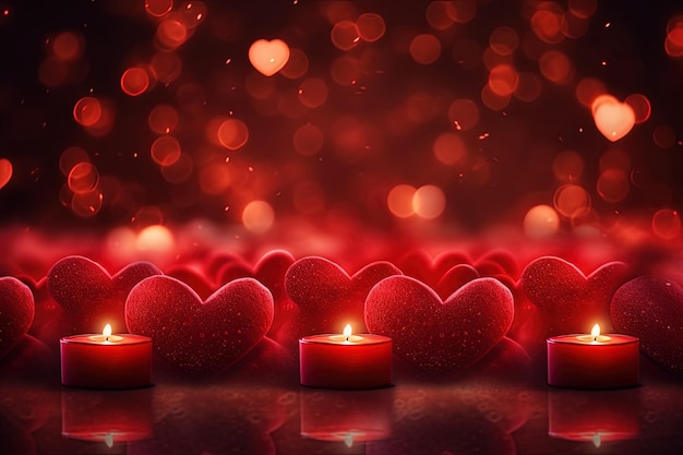Grupa czerwonych serc z zapaloną świecą pośrodku