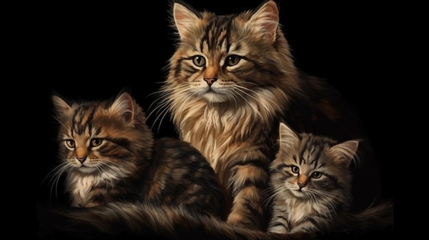 Grupa czterech kotów rasy Maine Coon przed czarnym tłemgenerative ai