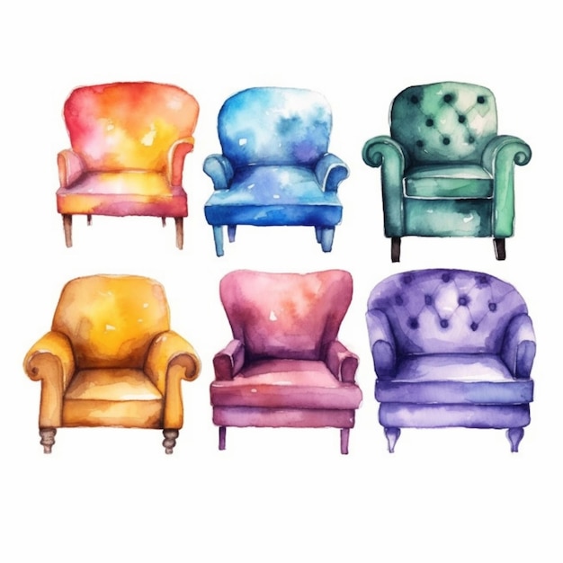 Grupa czterech krzeseł pomalowanych na różne kolory o różnej kolorystyce generatywnej ai