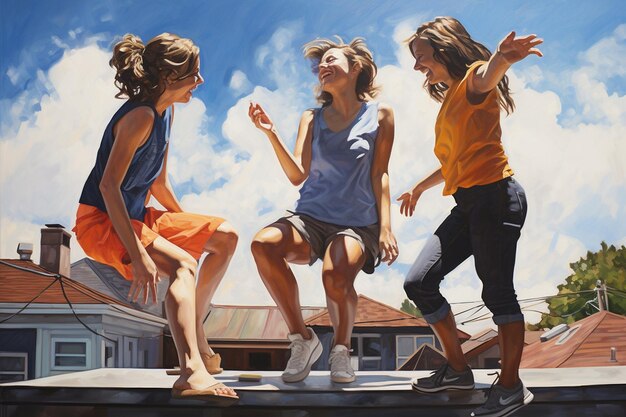 Zdjęcie grupa czterech przyjaciół tańczących na dachu generative ai