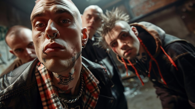 Zdjęcie grupa czterech punkerów z intensywnymi wyrazami twarzy w słabo oświetlonym miejskim otoczeniu z tatuażami i
