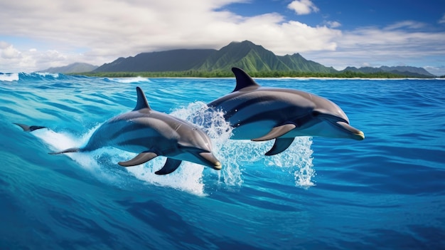 Grupa delfinów u wybrzeży tropikalnej wyspy