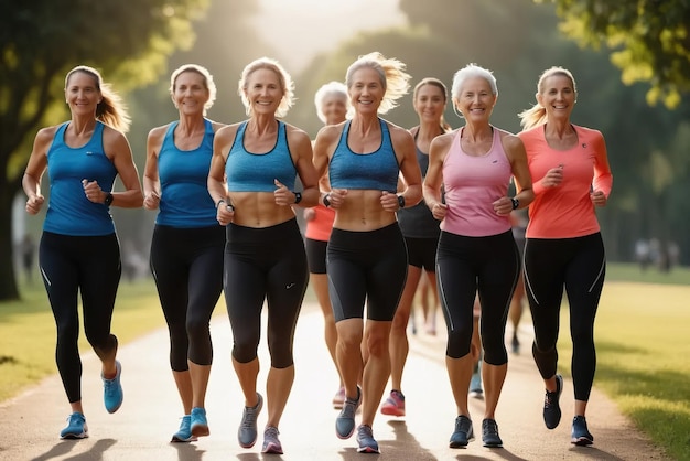 Grupa dojrzałych kobiet ćwiczących bieganie w formie po menopauzie