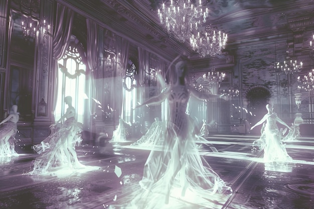 Zdjęcie grupa duchów tańczy w pokoju z niebieskimi światłami i żyrandolem.