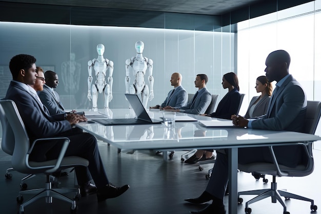 Grupa dyrektorów biznesowych siedzących przy eleganckim, z humanoidalnym robotem stojącym na czele stołu Generacyjna sztuczna inteligencja