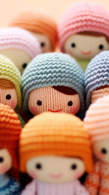 Grupa dzianych lalek z różnymi kolorowymi kapeluszami ai