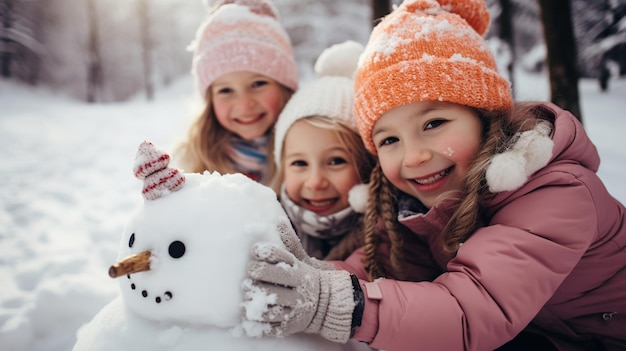Grupa dzieci bawiących się na śniegu w zimie