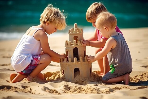Zdjęcie grupa dzieci bawiących się piaskiem na plaży w słoneczny letni dzień