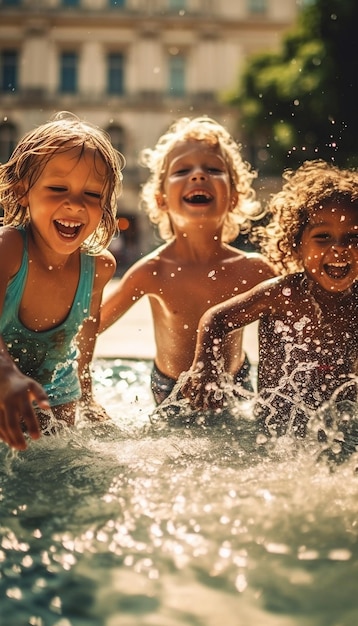 Grupa dzieci bawiących się w fontannie w upalny letni dzień, śmiejąc się i ochlapując się nawzajem Obraz generowany przez sztuczną inteligencję