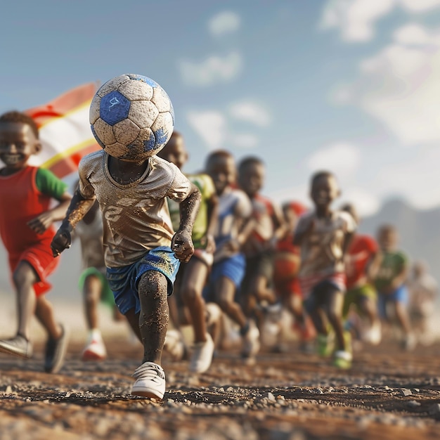 grupa dzieci grających w piłkę nożną z flagą na tle